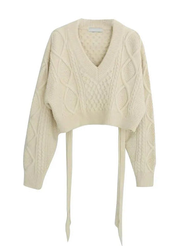 Japanese Sweet Lace Up Knit Sweater Women Cute Sexy Back Irregular V-neck Loose Long Sleeve Cropped Sweater Pullover